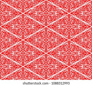 Seamless pattern with oriental ornament. Red and white textile printing. Islamic vector design. Voluminous and geometric lines. Beautiful pattern, wallpaper, tile, cloth ornament