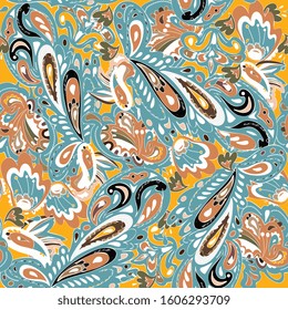 Seamless pattern with oriental ornament in turquoise and tangerine colors. Indian holi. Vector illustration. EPS10
