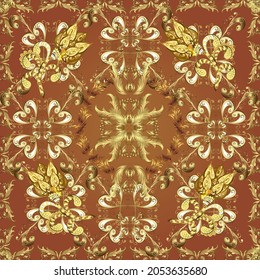 Seamless pattern oriental ornament. Vector golden textile print. Golden pattern on beige, brown and yellow colors with golden elements. Floral tiles. Islamic design.