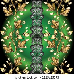 Seamless pattern oriental ornament. Vector golden textile print. Islamic design. Golden pattern on green, black and gray colors with golden elements. Floral tiles.
