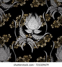 Seamless pattern oriental ornament. Vector golden textile print. Golden pattern on black, white and gray colors with golden elements. Islamic design. Floral tiles.