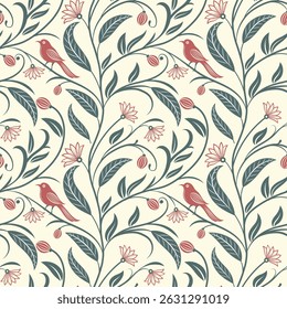 Seamless pattern in oriental style with blooming branches trees and birds. Wildlife silhouette, white floral ornament on gray background.