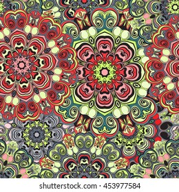 Seamless pattern in oriental style, colored wrapping-paper with mandalas ornament. Floral design or turkish, arabic, indian, chinese style wallpaper.