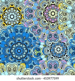 Seamless pattern in oriental style, colorful wallpaper or wrapping with mandalas design. Floral turkish, indian,chinese, arabic cover or ethnic style textile.