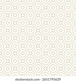 Padrão contínuo em um estilo oriental, apresentando uma grade de octógonos e pequenas formas de diamante delineadas em linhas de ouro elegantes em um fundo branco nítido, ilustração vetorial.