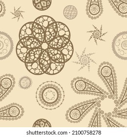 Seamless pattern in oriental style. Floral ornament with ethnic folk elements. Design for textiles, paper, packaging, bedding made from colorful doodle elements. Vector illustration