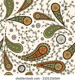 Seamless pattern in oriental style. Floral ornament with ethnic folk elements. Design for textiles, paper, packaging, bedding made from colorful doodle elements. Vector illustration