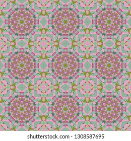 Seamless pattern in oriental style. Mandala abstract mosaic. Pattern in pink and green for tapestries, carpet , decor 