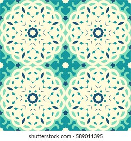 Seamless pattern in oriental style. Tatar motifs. Fabric or wallpaper texture. Blue colors palette 