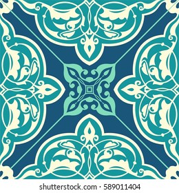 Seamless pattern in oriental style. Tatar motifs. Fabric or wallpaper texture. Blue colors palette 