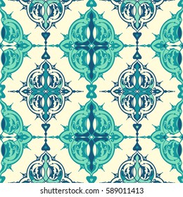 Seamless pattern in oriental style. Tatar motifs. Fabric or wallpaper texture. Blue colors palette 