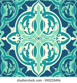 Seamless pattern in oriental style. Tatar motifs. Fabric or wallpaper texture. Blue colors palette