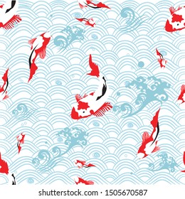 Seamless pattern oriental texture with koi carp; vector illustration