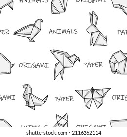 Seamless pattern with origami animals and inscriptions in a simple doodle style. Vector background illustration.