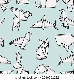 Seamless pattern with origami animals in a simple doodle style on a light blue background. Vector illustration background.