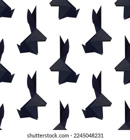 Seamless pattern with origami black rabbits on white background. Vector texture with polygonal hares. Symbol of Chinese of New year. Paper folded animal. Backdrop for wallpaper and fabric