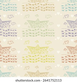 Seamless pattern with origami boats and clouds, vector illustration
