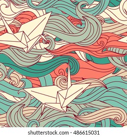  seamless pattern with origami cranes and abstract  waves, vector illustration