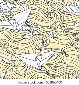 seamless pattern with origami cranes and abstract waves, vector illustration