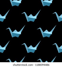 Seamless pattern with origami cranes. Seamless Pattern of a Japanese crane out of colored paper. Vector illustration. Blue origami bird crane seamless pattern