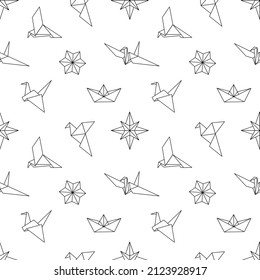 Patrón sin foco con estrella de figuras de Origami, pájaros, barco en estilo de línea.	Ilustración vectorial en blanco y negro sobre fondo blanco