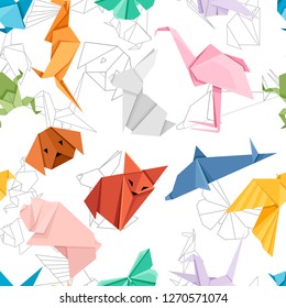 Seamless pattern. Origami japanese animal set. Modern hobby. Flat vector illustration on white background. Colorful paper animals, low polygonal design.