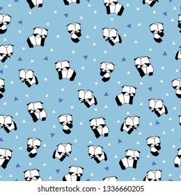 Seamless pattern with origami panda. Abstract and geometric animal pattern. Nursery fabric. Cute panda. Vector illustration. Blue background. For cloth, banners, paper.