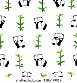 Seamless pattern with origami panda and bamboo plant. Nursery fabric. Cute panda. Vector illustration. White background. For cloth, banners, paper.