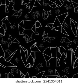 Seamless pattern of origami paper animals on black background. Abstract background. Animals. Fabric pattern.