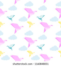 Seamless pattern with origami paper birds.Pattern for fabric, baby clothes, background, textile, wrapping paper and other decoration.