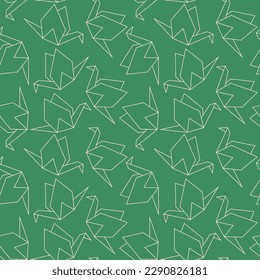 Seamless pattern origami paper cranes on a green background. Doodle lineart vector illustration.