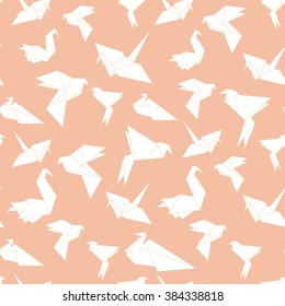 Seamless pattern with origami paper cranes and other birds. Stylish vector background.