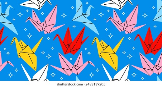 Seamless pattern with Origami paper fold cranes in modern cartoon style. Trendy Hand drawn Vector illustration. Symbol of peace, hope, dream.