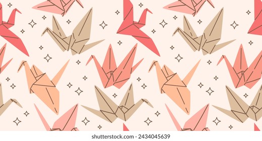 Seamless pattern with Origami paper fold cranes in modern cartoon style. Trendy Hand drawn Vector illustration. Symbol of peace, hope, dream.