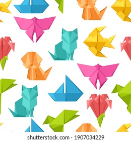 Patrón sin inconvenientes con los juguetes de origami. Objetos de papel de color doblado.