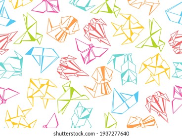 Seamless pattern with origami toys. Folded paper objects.