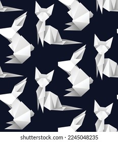 Seamless pattern with origami white rabbits and cats on dark background.  Vector texture with polygonal hares and kittens. Symbol of Chinese of New year. Paper folded animal. Backdrop for wallpaper 