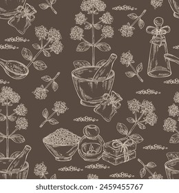 Seamless pattern with origanum vulgare: origanum vulgare leaves, flowers and plant. Oregano. Oil, soap and bath salt . Cosmetics and medical plant. Vector hand drawn illustration