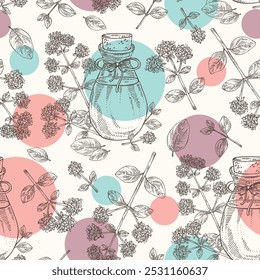 Seamless pattern with origanum vulgare: origanum vulgare leaves, flowers and plant and bottle of oregano essential oil. Oregano. Cosmetic, perfumery, plant. Vector hand drawn
