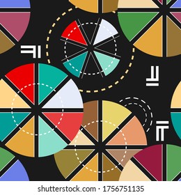 Seamless pattern with an original abstract composition with multi-colored segmented circles and other geometric shapes on a dark background. Vector illustration