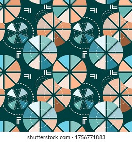 Seamless pattern with an original abstract composition with segmented circles and other geometric shapes on a dark green background. Vector illustration