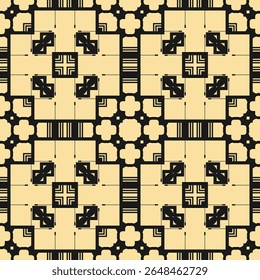 Seamless pattern with original black ornament on beige background. Vector illustration