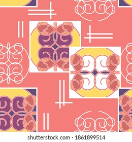 Seamless pattern with original colorful art objects on a pink background. Vector illustration
