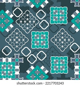 Seamless pattern with original decorative elements and their shadow. Blue palette. Vector illustration