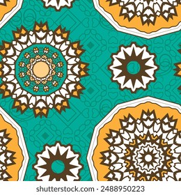 Seamless pattern with original decorative elements. The palette is dominated by brown, white, yellow and blue colors. Vector illustration