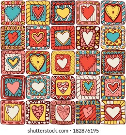 Seamless pattern of original drawing doodle hearts. Series of template design for love card with set of doodle hearts #1 (colored version).