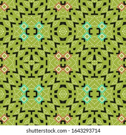 Seamless pattern with original ethnic ornament. Green on black. Vector illustration