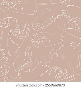 seamless pattern of original fast food icons, namely burger, taco, fries and shawarma icon in line art style on a beige background