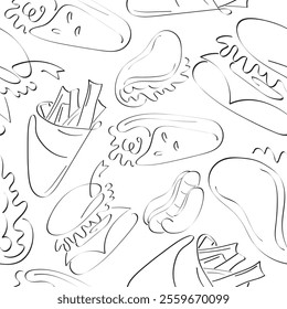 seamless pattern of original fast food icons, namely burger, taco, fries and shawarma icon in line art style