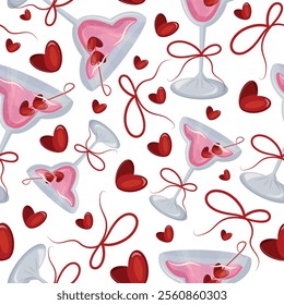 seamless pattern with original glasses buds and pink drink with berries in the shape of a heart and red bows, for valentine's day